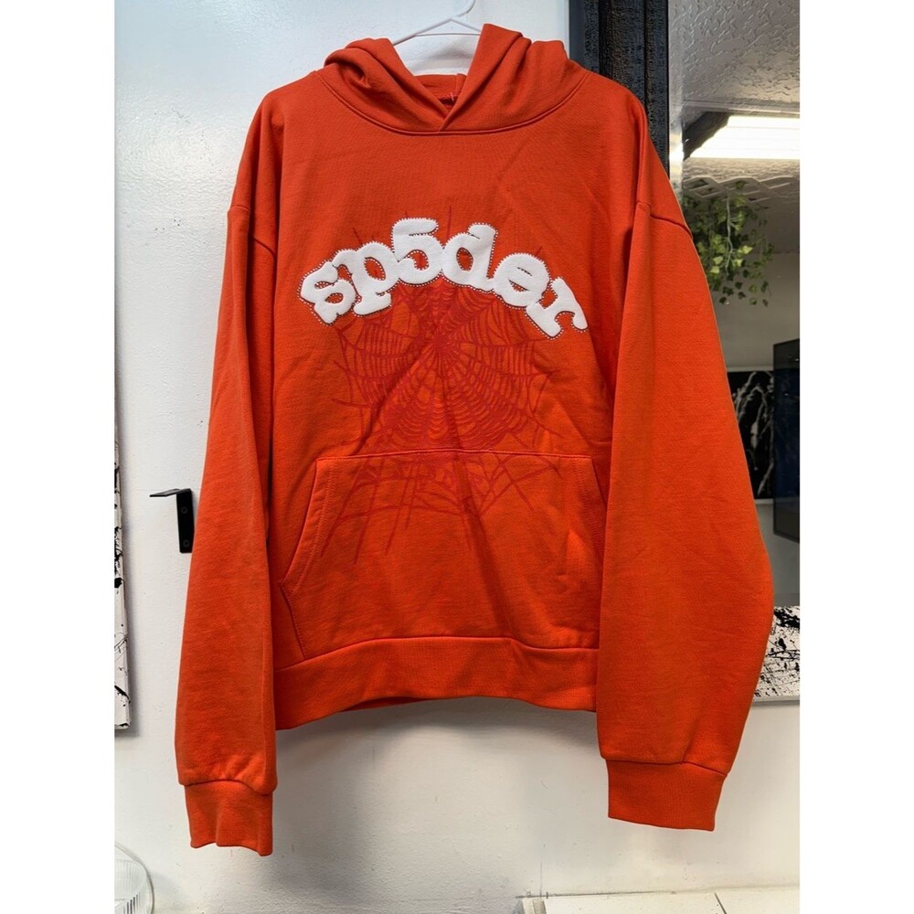 Sp5der Orange Hooded Rhinestone Sweatshirt with White Script Logo NWOT SZ XL